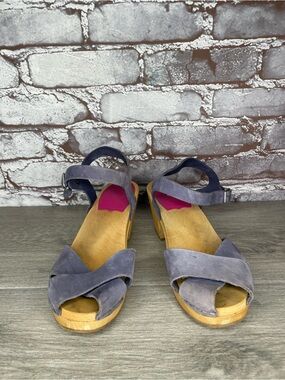 Swedish HASBEENS Blue Nubuck Leather Wood Clogs Sandals Women Sz 36EU/6M US